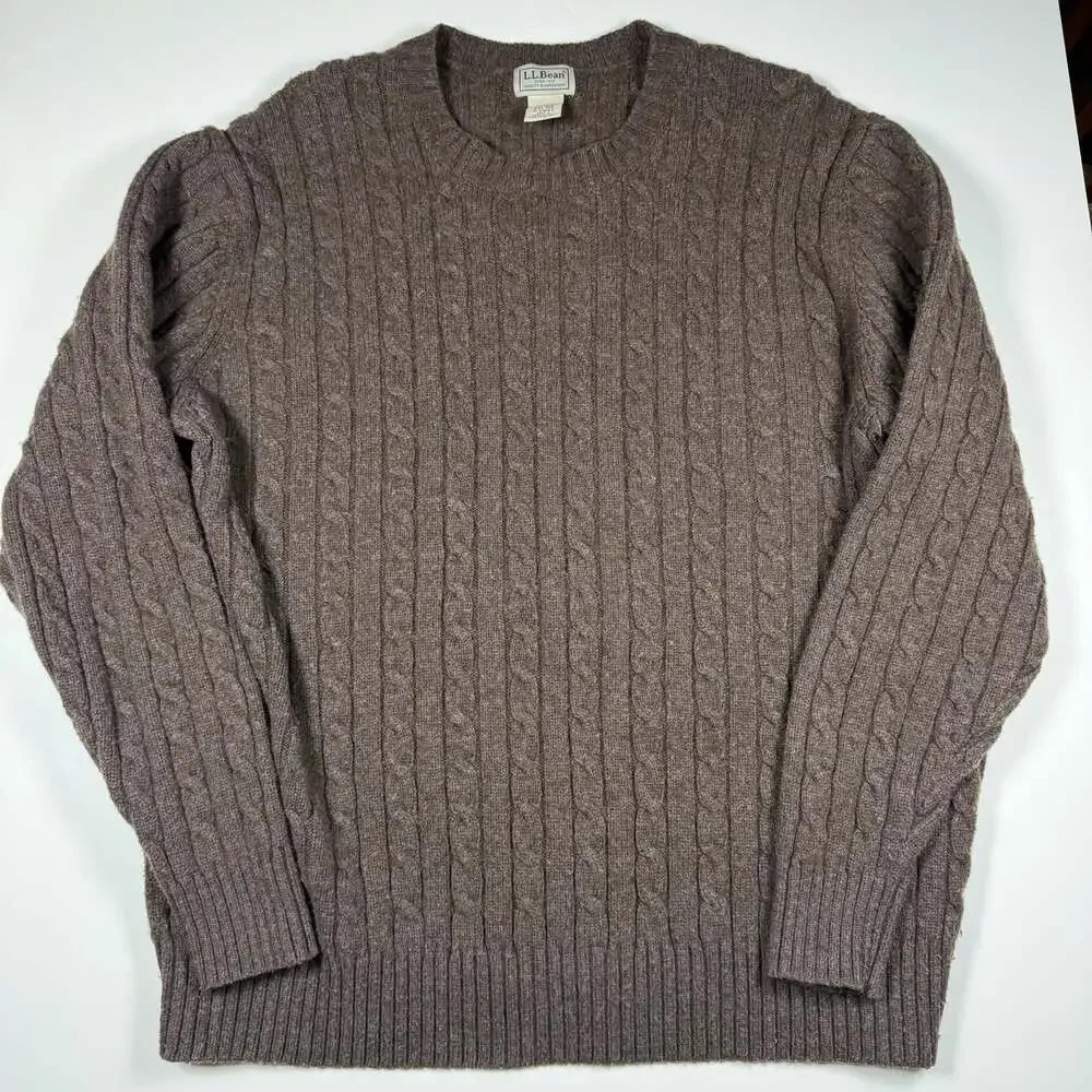 LL Bean Men's Lambswool Nylon Blend Cable Knit Crew Neck Sweater Brown XXL-REG